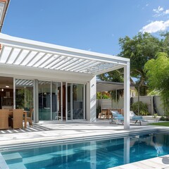Elegant white aluminum patio cover with square columns on the right, pool in front, sliding glass doors leading to the covered area, captured on a sunny day from inside the home looking out