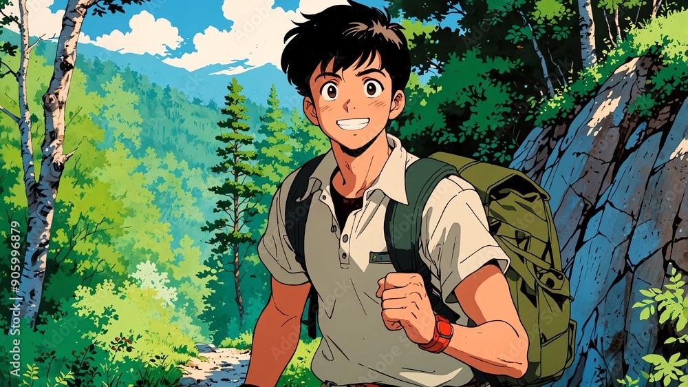 Wall mural handsome guy in hiking trail background smiling happy illustration art anime cartoon