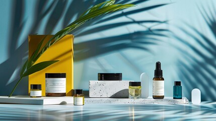 Minimalist arrangement of skincare essentials with bright labels and clean lines on a sleek surface