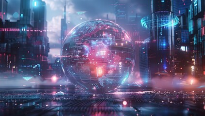 A futuristic sphere with glowing lights and digital patterns floating in the air