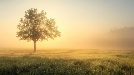 Solitary Tree in a Foggy Meadow