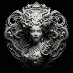 Ornate Sculpture of Goddess with Flowing Hair and Floral Frame