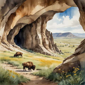 Watercolor illustration of Wind Cave National Park in South Dakota. Capture the unique features of one of the longest and most complex caves in the world, known for its rare boxwork formations