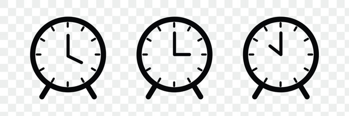 Clock icon. Simple black and white clock face showing three o clock. Vector illustration. 