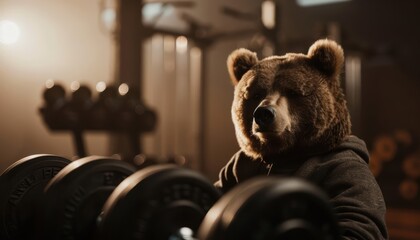 Bear in a gym with weights, funny animal training concept.