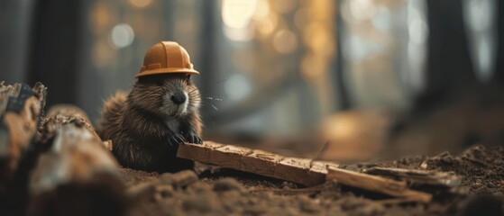 A cute beaver wearing a hard hat, sitting on a log in the forest.