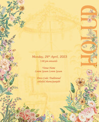 Wedding Holud Invitation Card Design with Wildflowers on a Yellow Background Vector Illustration.