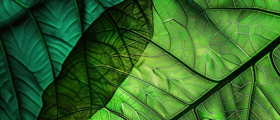 Close-up of vibrant green and teal leaves showing detailed veins in an abstract style.