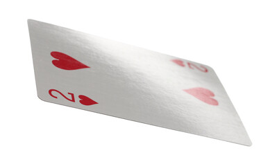Flying playing card for poker and gambling, deuce heart isolated on white, clipping path