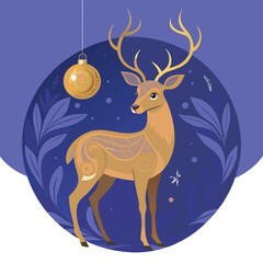 A stylized deer with antlers standing in front of a gold Christmas ornament