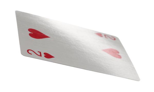 Flying playing card for poker and gambling, deuce heart isolated on white, clipping path