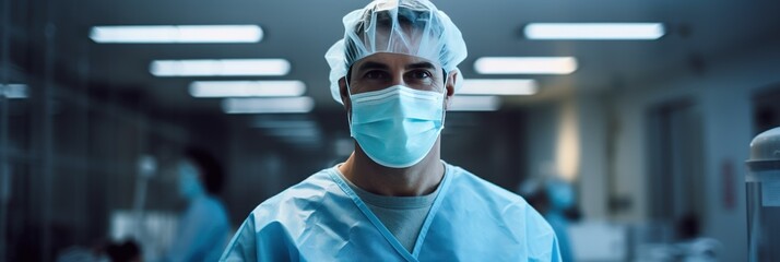 Portrait of a Confident Surgeon in Protective Mask and Scrubs