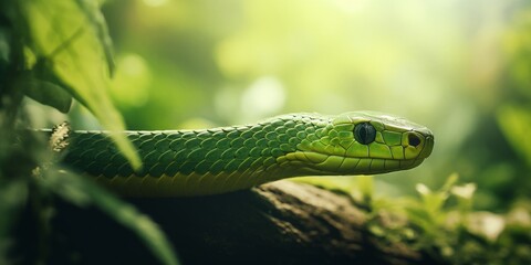 Obraz premium Portrait of a Green Snake in the Jungle