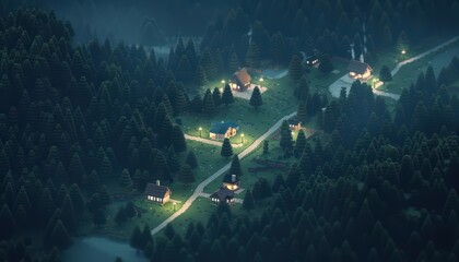 Fototapeta premium Aerial view of a small village nestled in a forest at night.