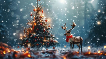 Christmas banner with magical scene of reindeer in show with Christmas lights and stars with copy space created with Generative AI technology