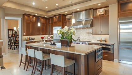 Modern Kitchen Features Granite Countertops, Stainless Steel Appliances, and Tile Floor