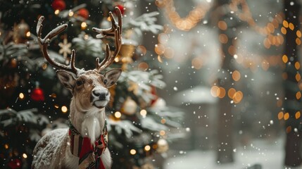 Christmas banner with magical scene of reindeer in show with Christmas lights and stars with copy space created with Generative AI technology