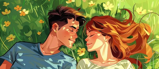 Young love couple lay on the green grass outdoors