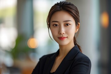 Obraz premium Confident young Asian businesswoman in a black blazer smiling in a modern office lobby during the day.