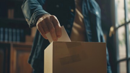 Closeup of one hands casting their vote into the ballot box, with an American flag in silhouette behind them Generative AI