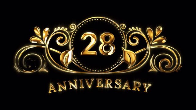 28th Anniversary Celebration. Happy 28 Years Anniversary Animation in Gold Color on the Transparent Background, Alpha Channel. Great for greetings, celebrations, events, and gifts.