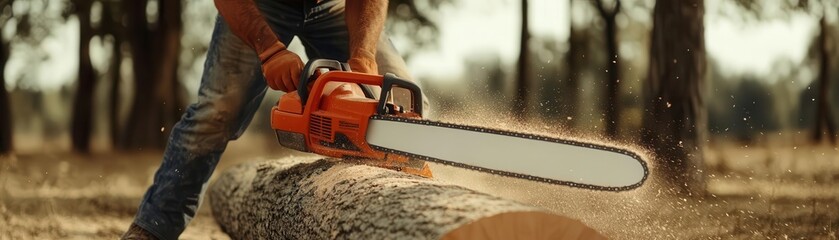 Fototapeta premium A worker uses a chainsaw to cut a log in a forest, surrounded by trees and flying wood shavings, showcasing outdoor craftsmanship.