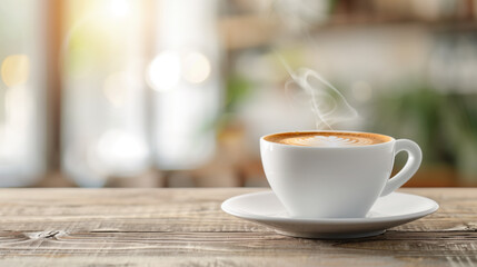 A steaming cup of espresso with detailed latte art in a white cup, sitting on a rustic wooden table in a bright cafe.
