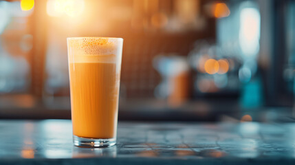 A tall glass of iced coffee with a thick layer of rich, creamy foam, set on a modern cafe counter with warm lighting.