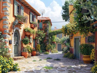Obraz premium 3D Mediterranean village scene with sunny streets and quaint houses