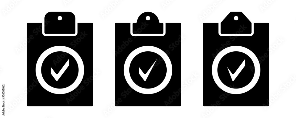 Poster clipboard with check icon. set of check test symbols. simple design isolated on white background.