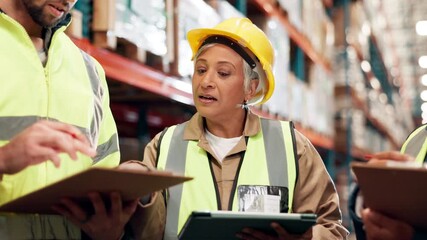 Logistics, teamwork and tablet with planning in warehouse for inspection, freight distribution or service delivery. Factory, supervisor and people for inventory management and staff training - Powered by Adobe