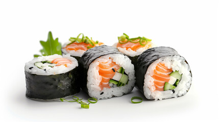 A set of fresh sushi rolls filled with salmon, cucumber, and rice, wrapped in seaweed, garnished with green onions.