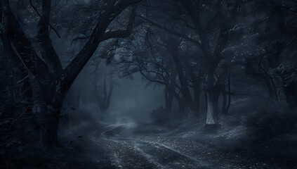 Dark Forest Road Winds Through Fog and Trees at Night