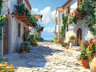 3D Mediterranean village scene with sunny streets and quaint houses