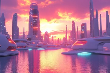 Obraz premium A breathtaking view of a futuristic cityscape bathed in the warm hues of a setting sun. The skyline is dominated by sleek, modern buildings with smooth, curving lines and illuminated accents. 