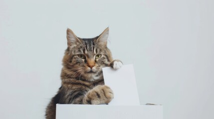 Cat putting ballot into voting box on white background