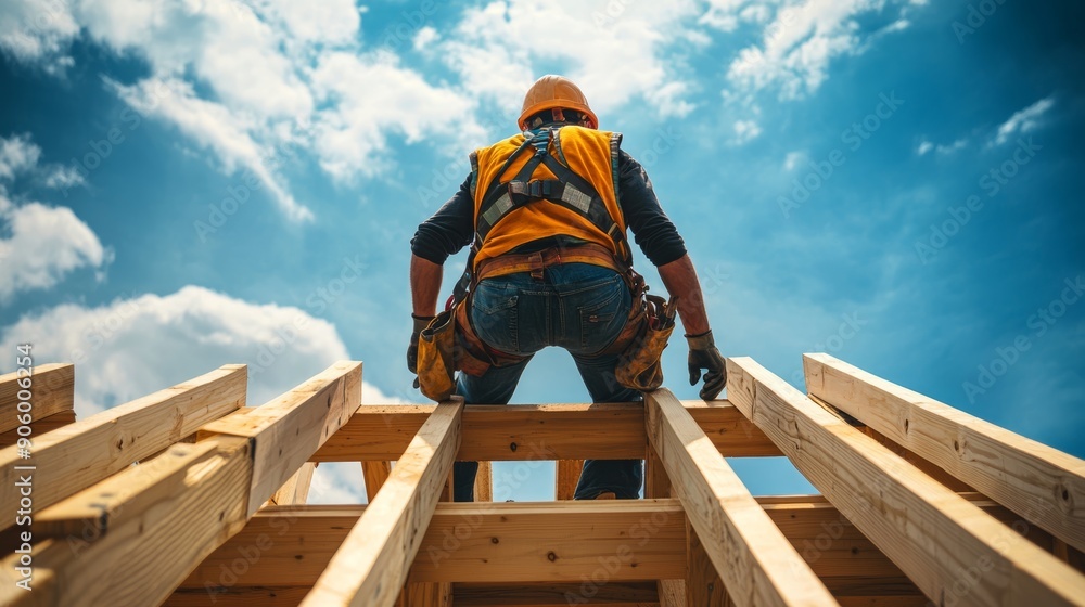 Wall mural builder working on wooden roof beams of building on construction site. wooden house frame, roofer bu