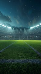 Modern Sports Stadium at Night with Empty Field Ready for the Game, a Vertical Format 3D Illustration for Social Media Sports Ads.