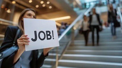 Fototapeta premium Business woman showing paper sign looking for a job on stair of office building.