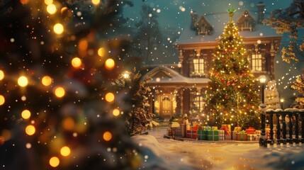 Christmas holidays banner, tree, bokeh background