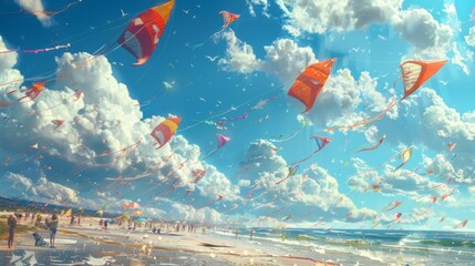 Dynamic 3D kite festival on a beach with colorful kites in the sky
