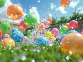 3D water balloon fight in a backyard on a sunny day