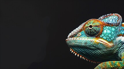 Obraz premium Female Fischer's chameleon on a tree branch on a black background