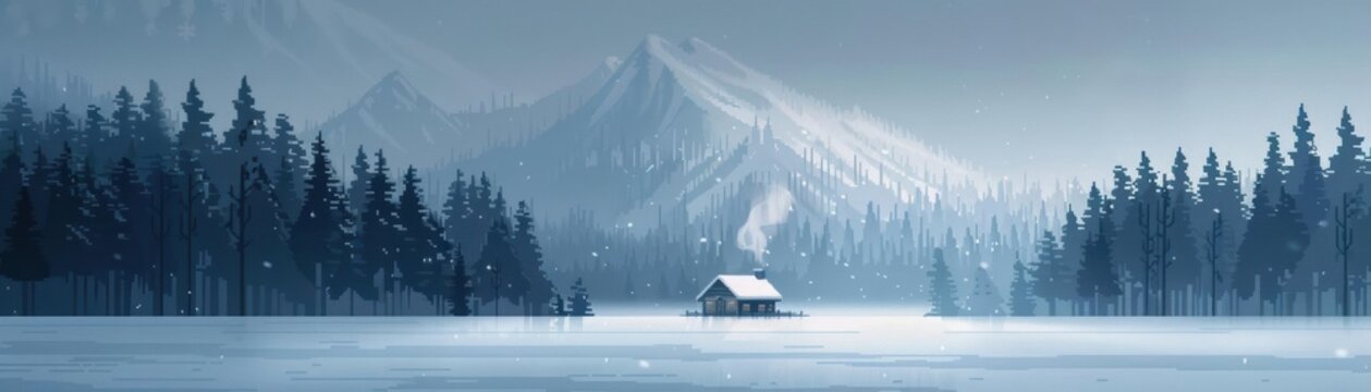 A pixel art winter wonderland with snowcovered trees, a frozen lake, and a cozy cabin with smoke rising from the chimney