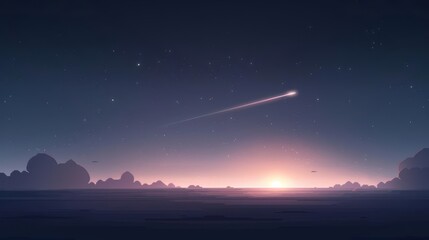 A single shooting star streaks across the night sky with a rising sun in the distance.