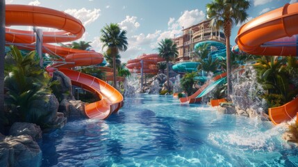 Dynamic 3D water park with slides and pools full of splashing water