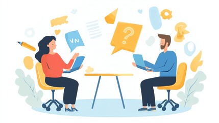 Two people discussing ideas while using laptops.