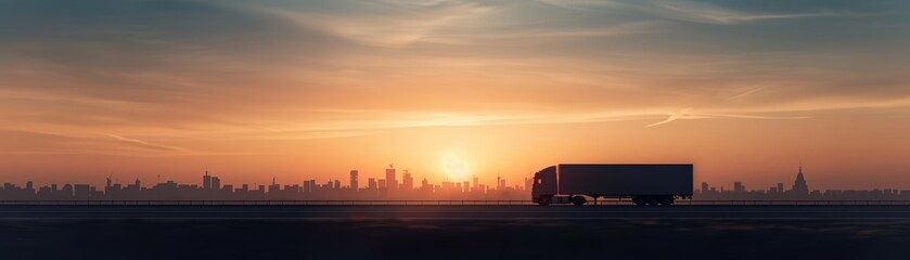 Obraz premium Silhouette of a truck driving on a highway with a city skyline in the background at sunset.