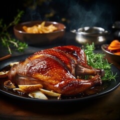 Fototapeta premium Roasted duck leg with crispy golden skin served on a black plate with rosemary and potatoes in a dark restaurant setting.