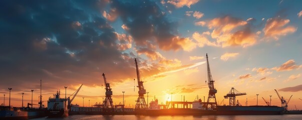 Silhouetted cranes at a busy port against a fiery sunset sky.